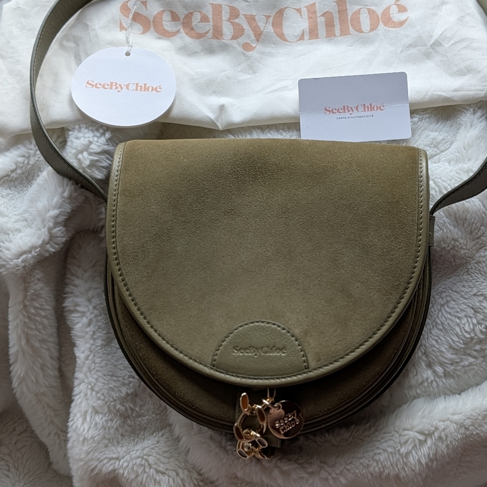 SEE BY CHLOE| Mara Embossed Logo Suede Satchel Bag In Rare Green Color